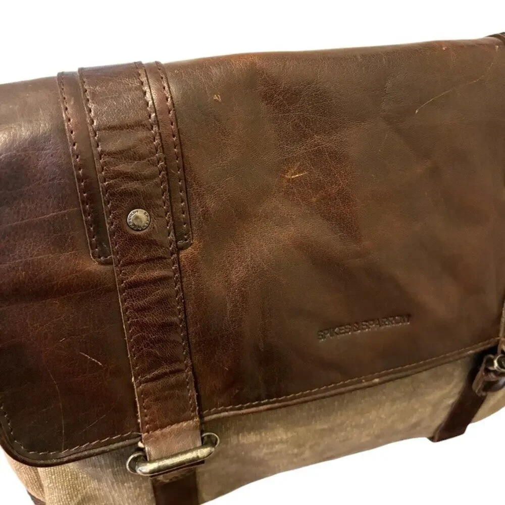 SPIKES & SPARROW Brown Leather Canvas Briefcase Messenger Laptop Bag